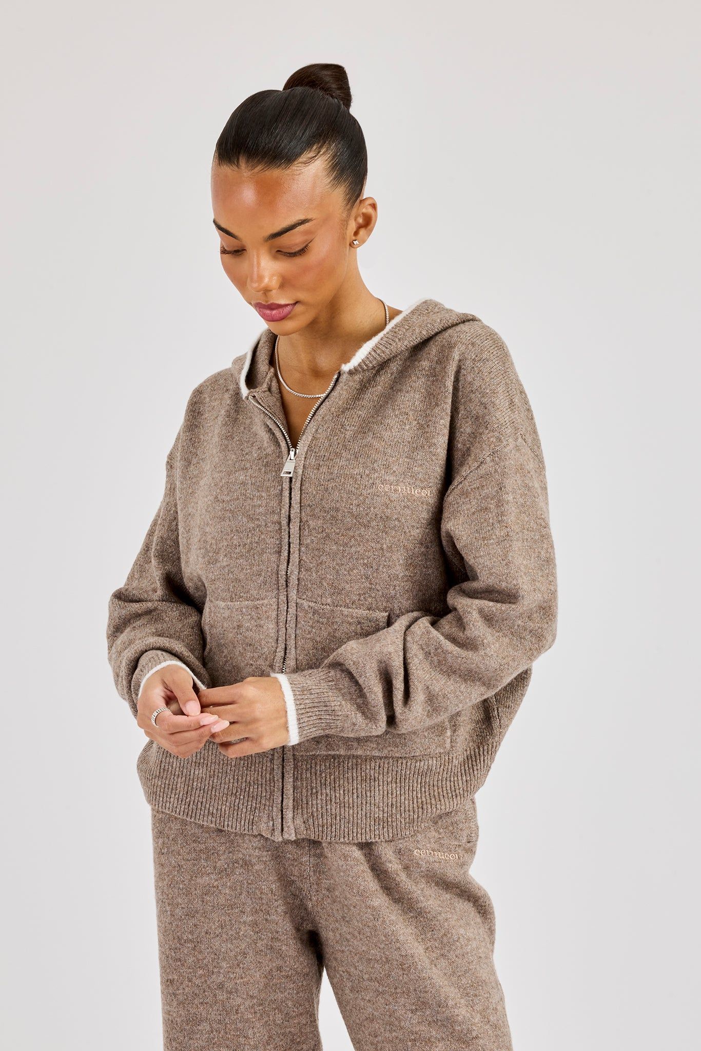 Cernucci Knitted Zip Through Hoodie With Contrast Tipping - Taupe image 4