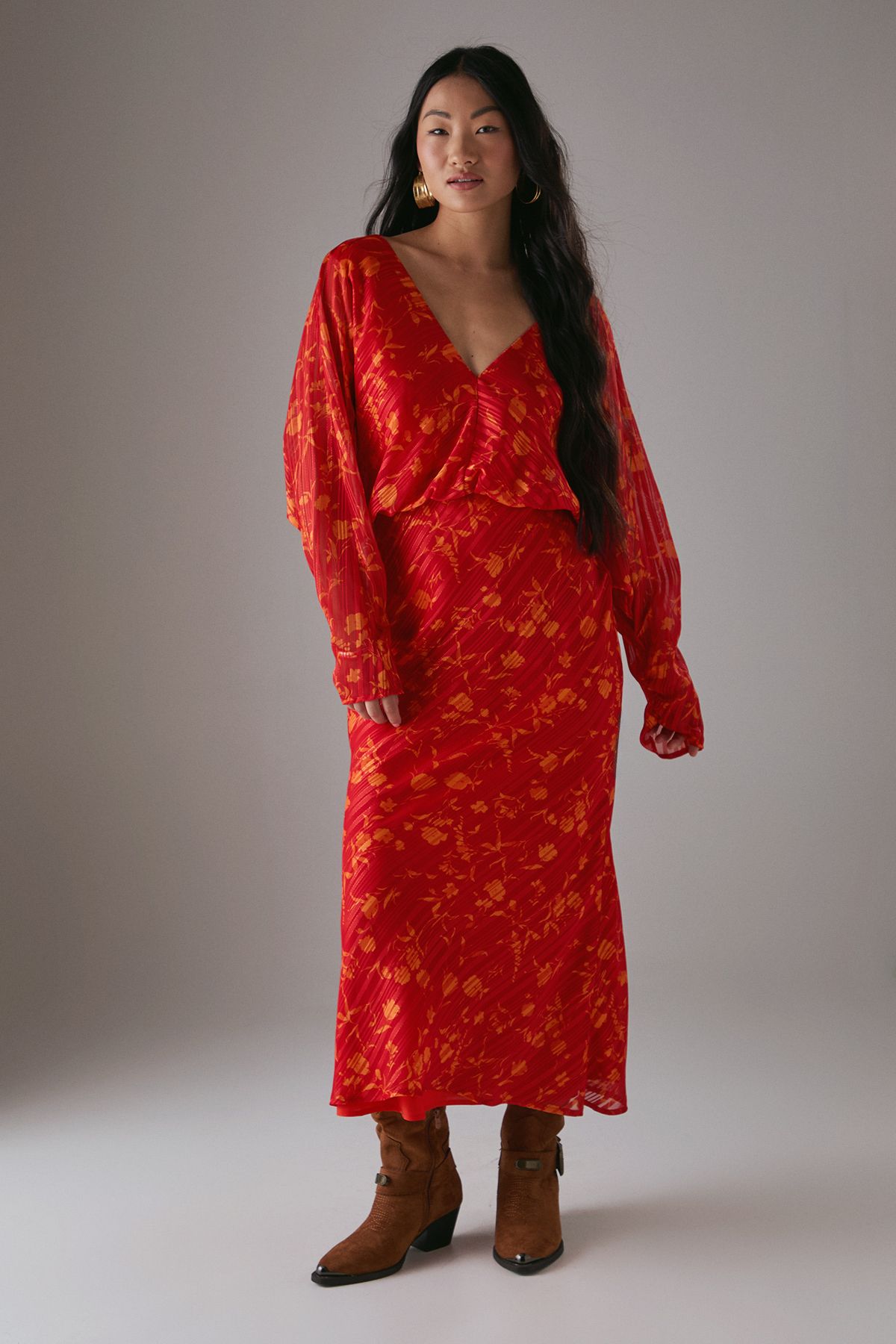 Warehouse Petite Shadow Stripe Batwing Plunge Neck Midi Dress Red image 1