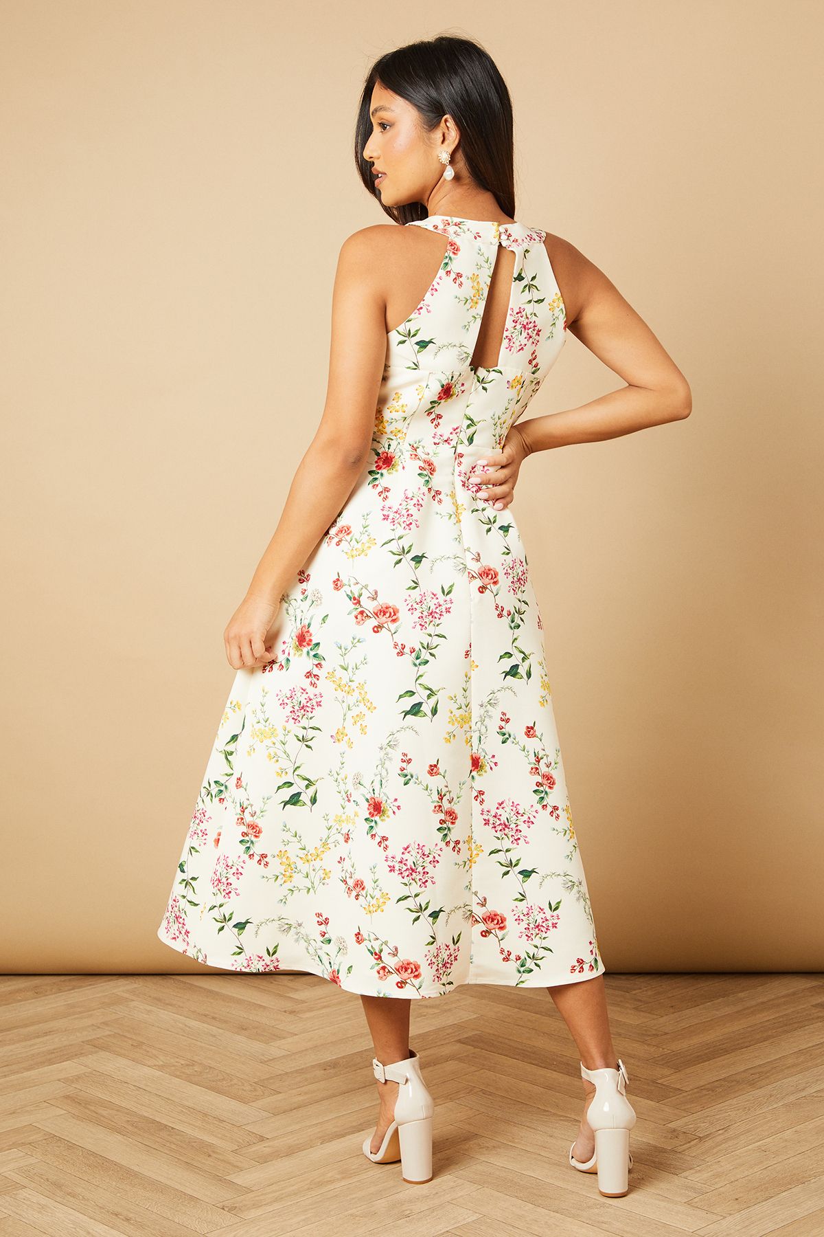 Oasis Petite Floral Ottoman Twill Halter Midi Dress Ivory image 4