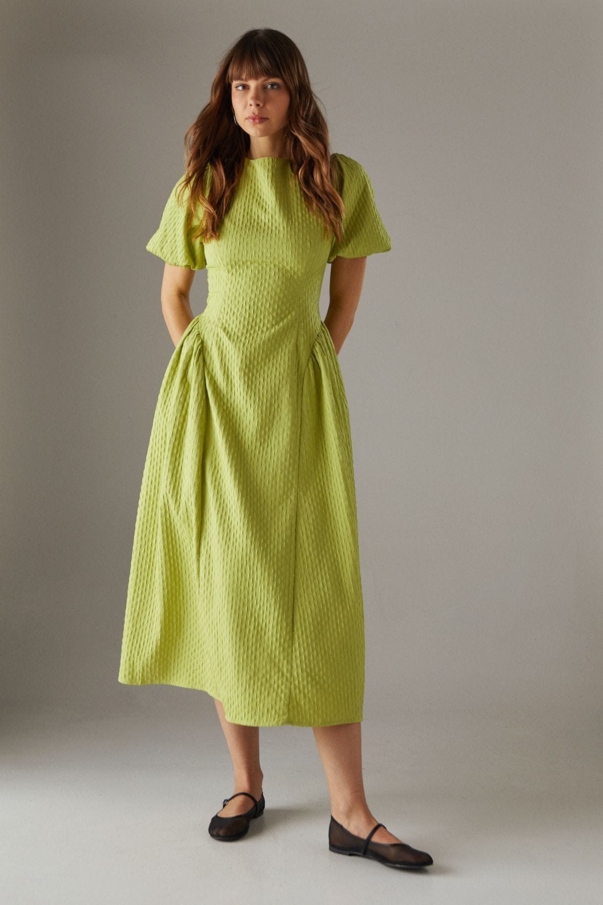 Warehouse Seersucker Organza Godet Side Puff Sleeve Midi Dress Chartreuse image 1