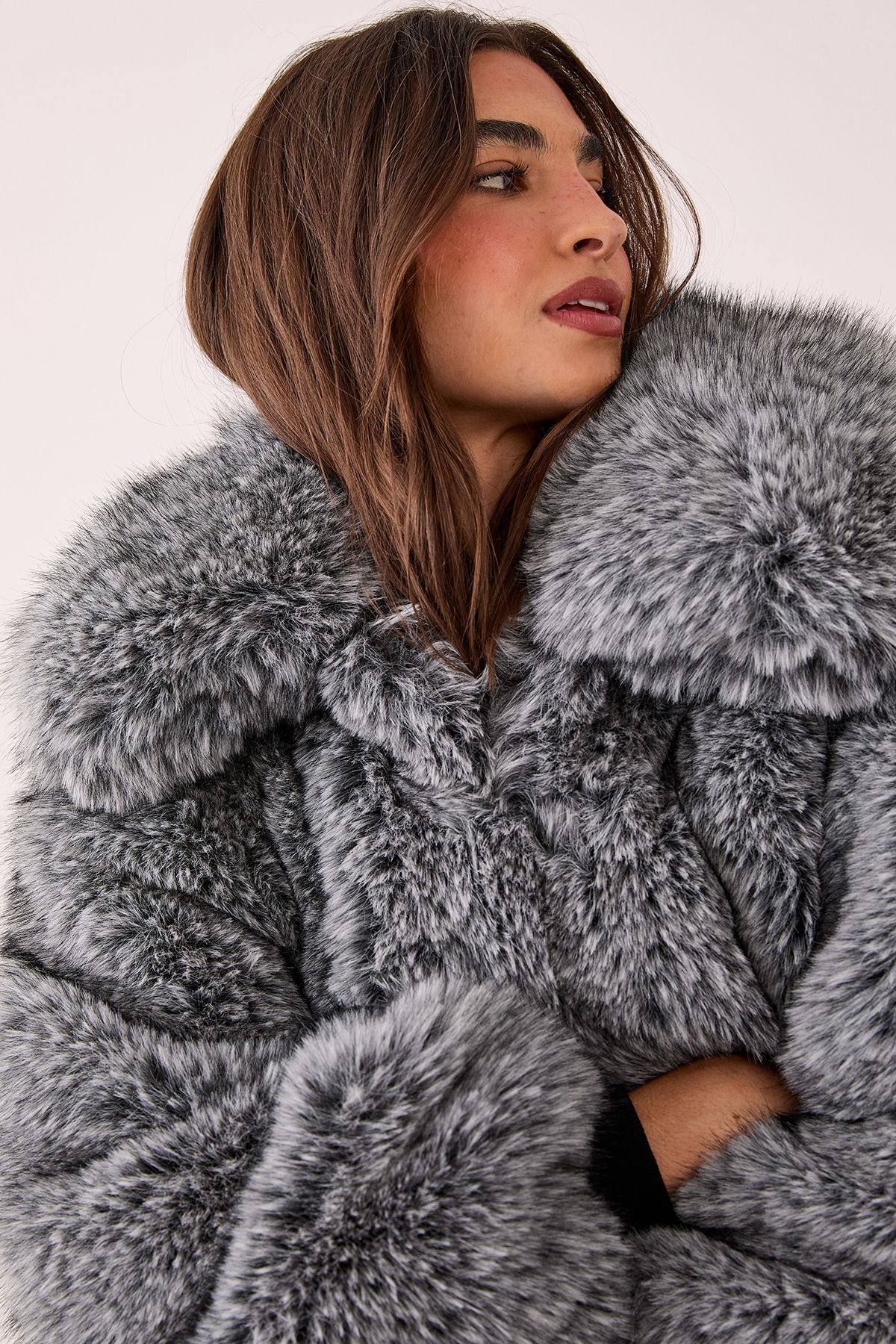 NastyGal Premium Tipped Natural Faux Fur Bomber Coat Grey image 5