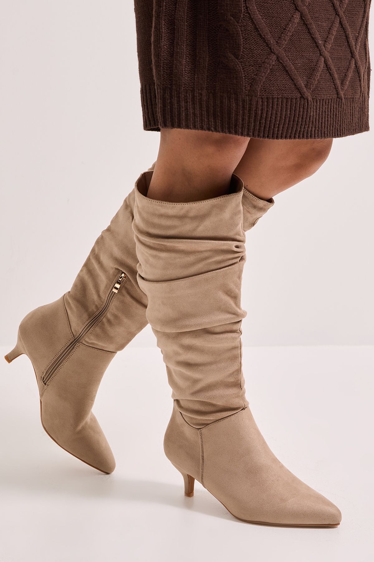 Dorothy Perkins Wide Fit Khloe Faux Suede Kitten Heel Knee High Ruched Boots Beige image 2