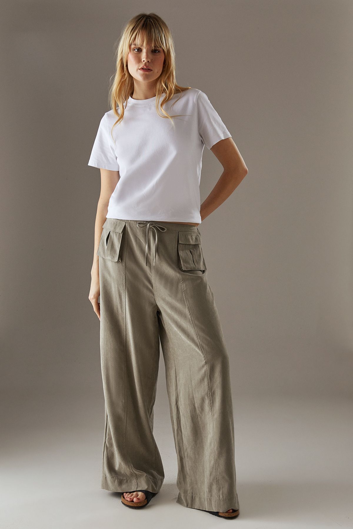 Warehouse Peach Satin Utility Pocket Wide Leg Trousers Grey image 2