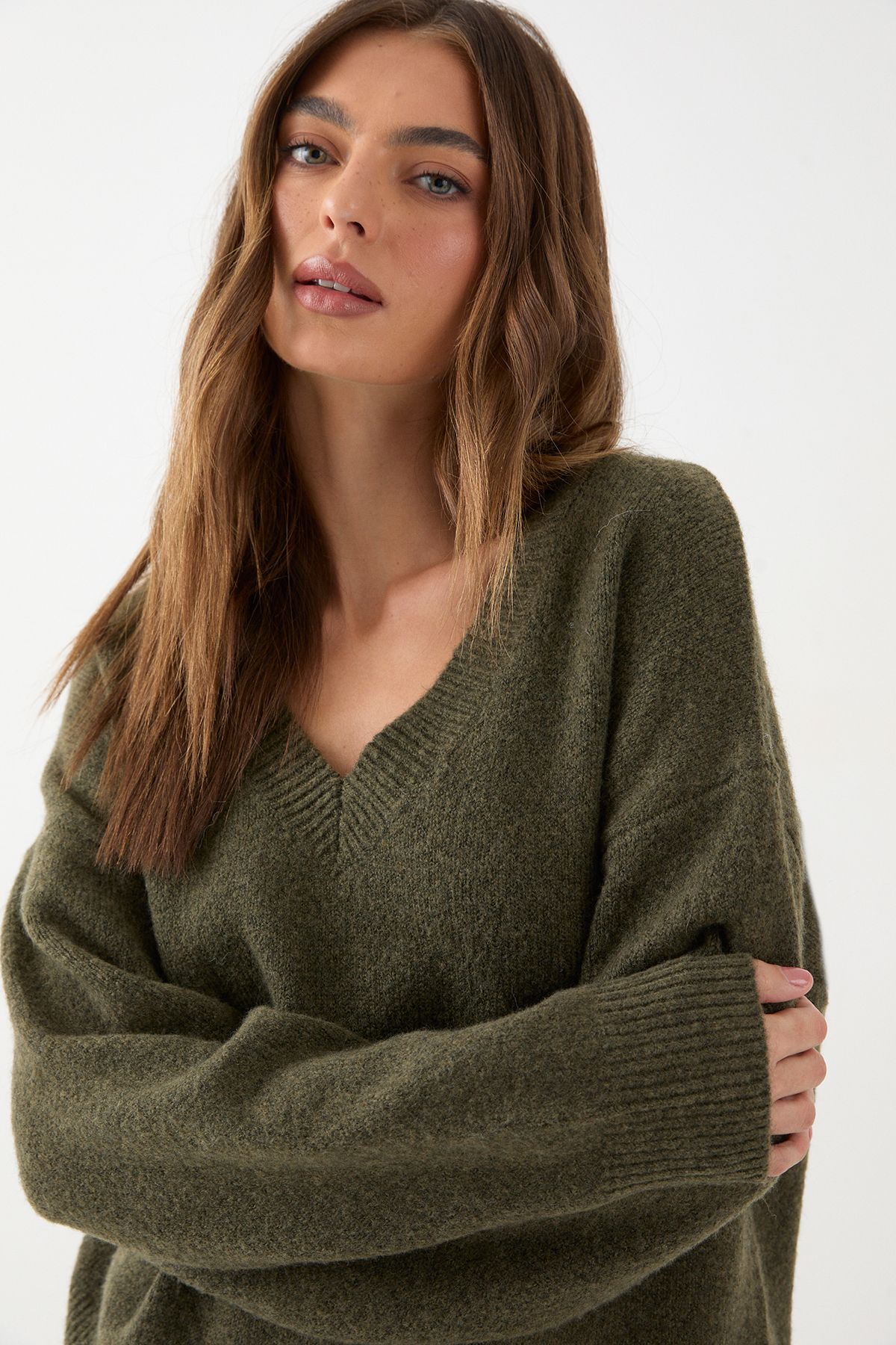 MissPap Oversized Knitted V Neck Rib Detail Jumper Khaki image 4
