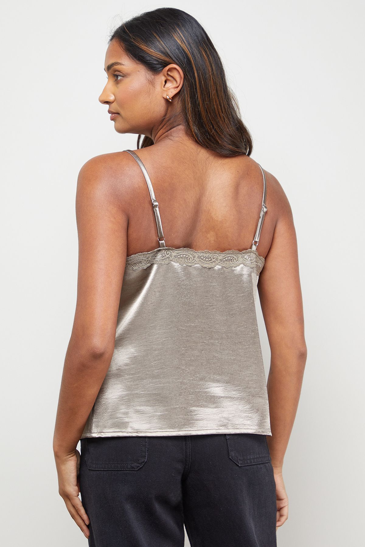 Oasis Satin Lace Detail V Neck Strappy Cami Top Pewter image 3