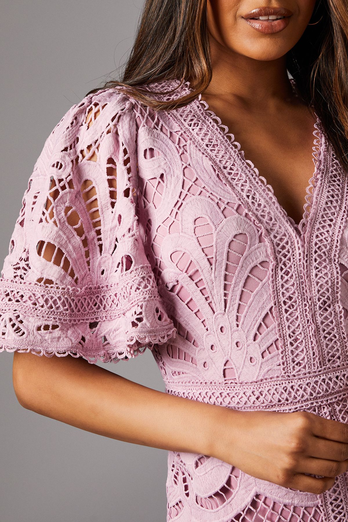 Coast Petite Placement Lace Hanky Hem Dress Lilac image 4