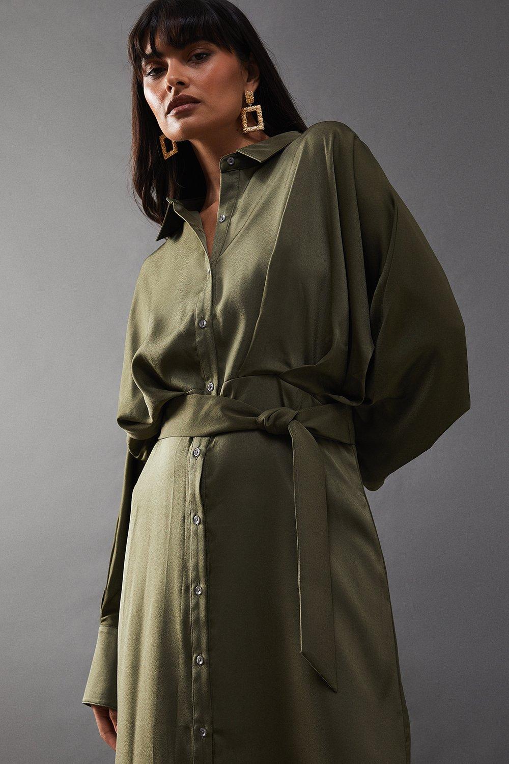 Warehouse Satin Batwing Split Side Midi Shirt Dress Olive image 4