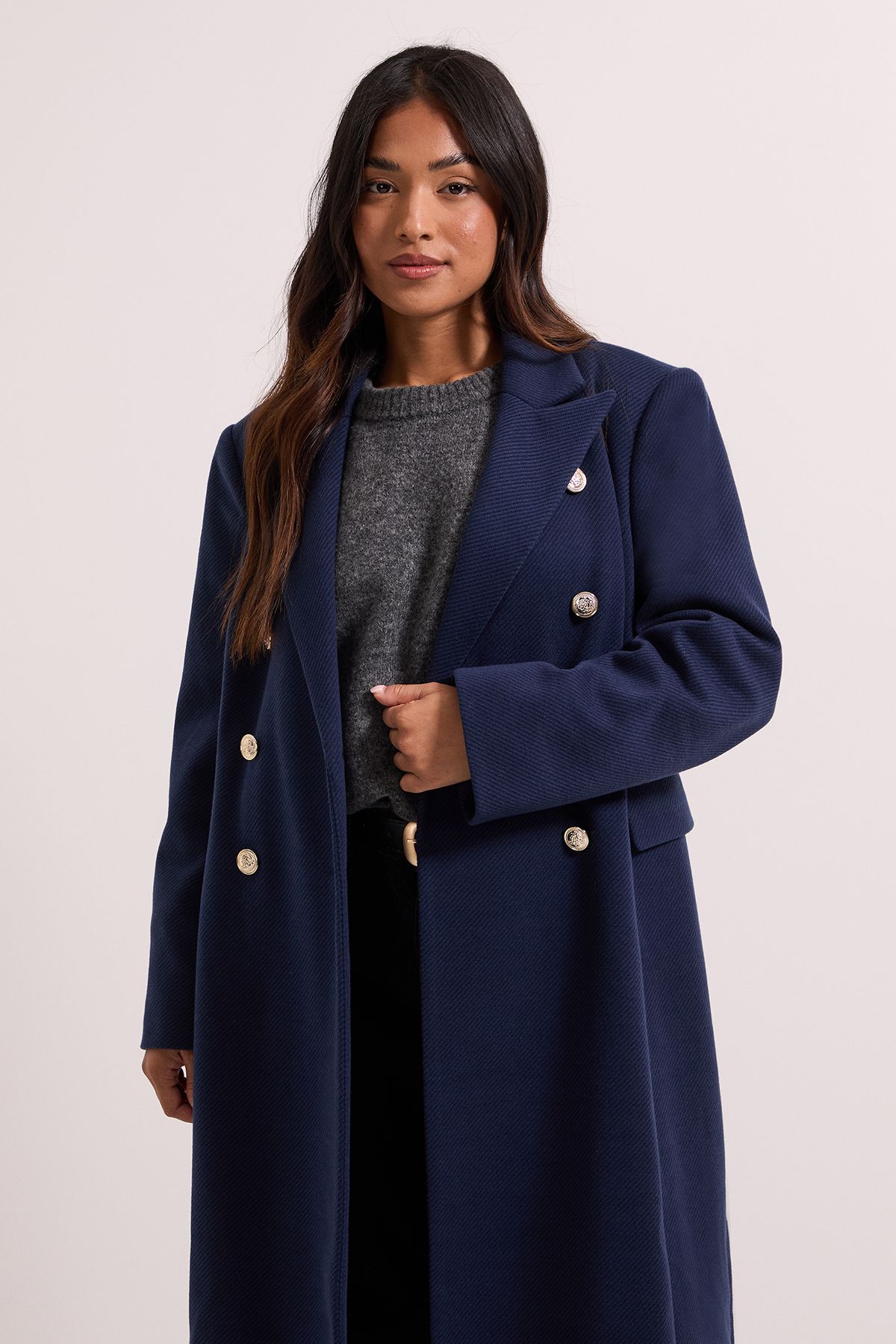 Dorothy Perkins Petite Midi Length Fitted Military Coat Navy image 2