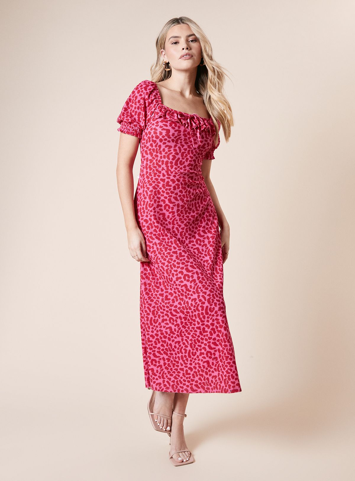 Dorothy Perkins Pink Animal Square Neck Frill Jersey Midi Dress Pink image 1