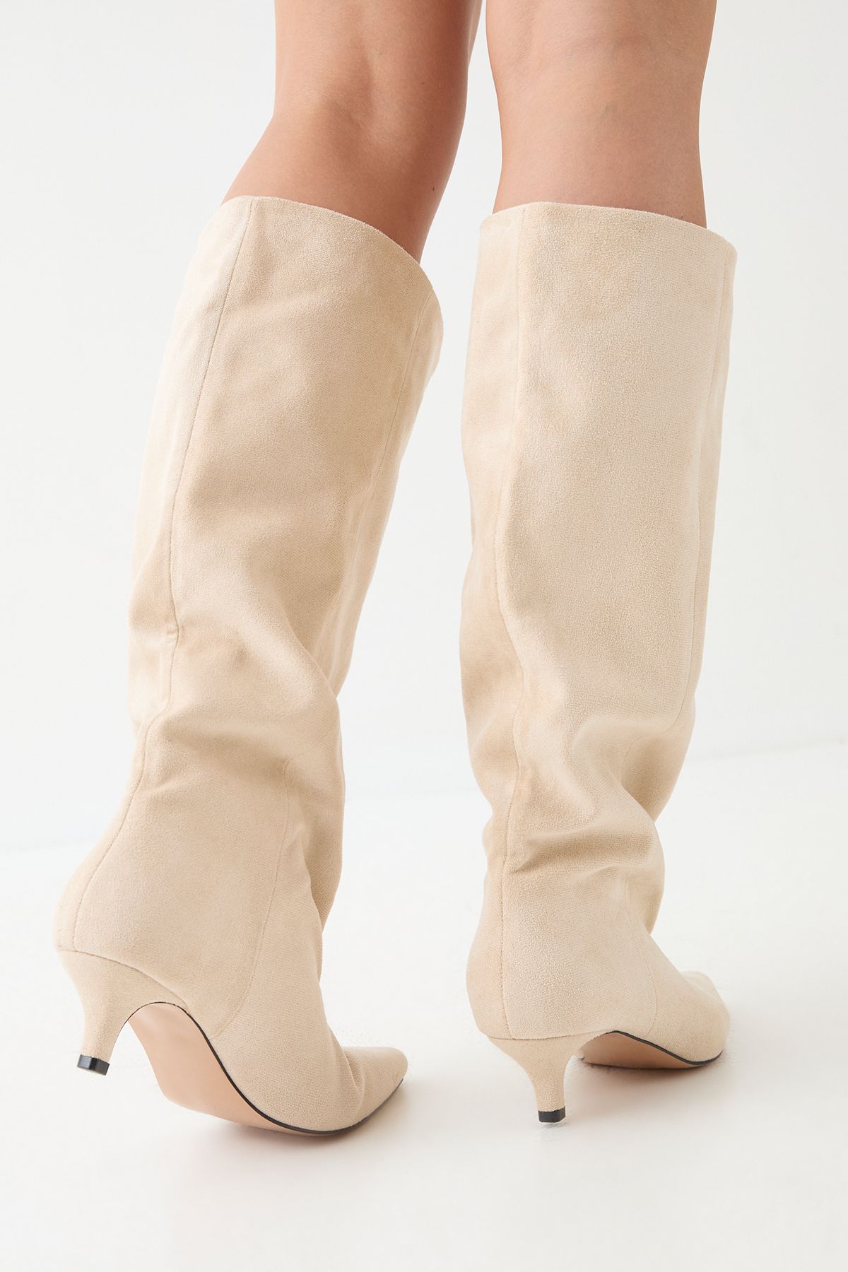 MissPap Low Stiletto Faux Suede Slouch Knee High Boots Beige image 3