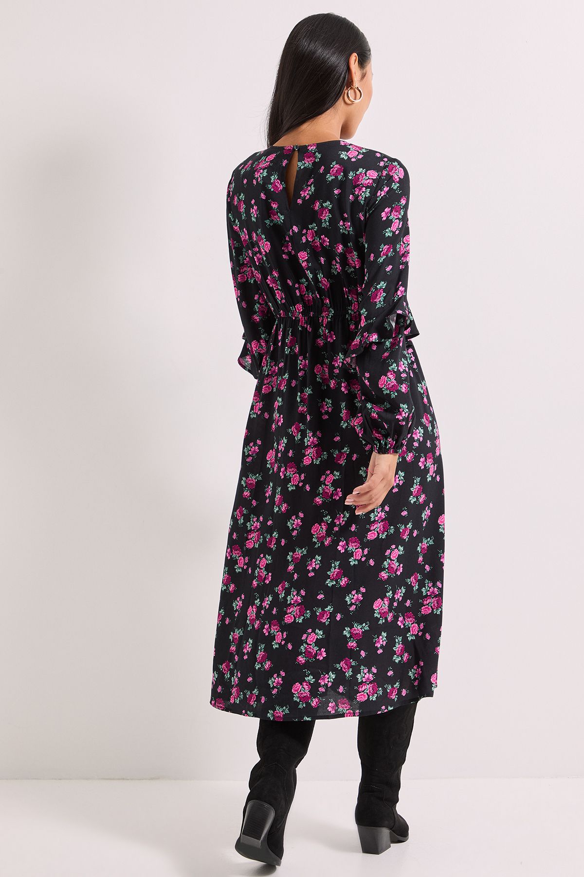 Dorothy Perkins Petite Black Floral Ruffle Blouson Sleeve Empire Seam Midi Dress Floral image 3