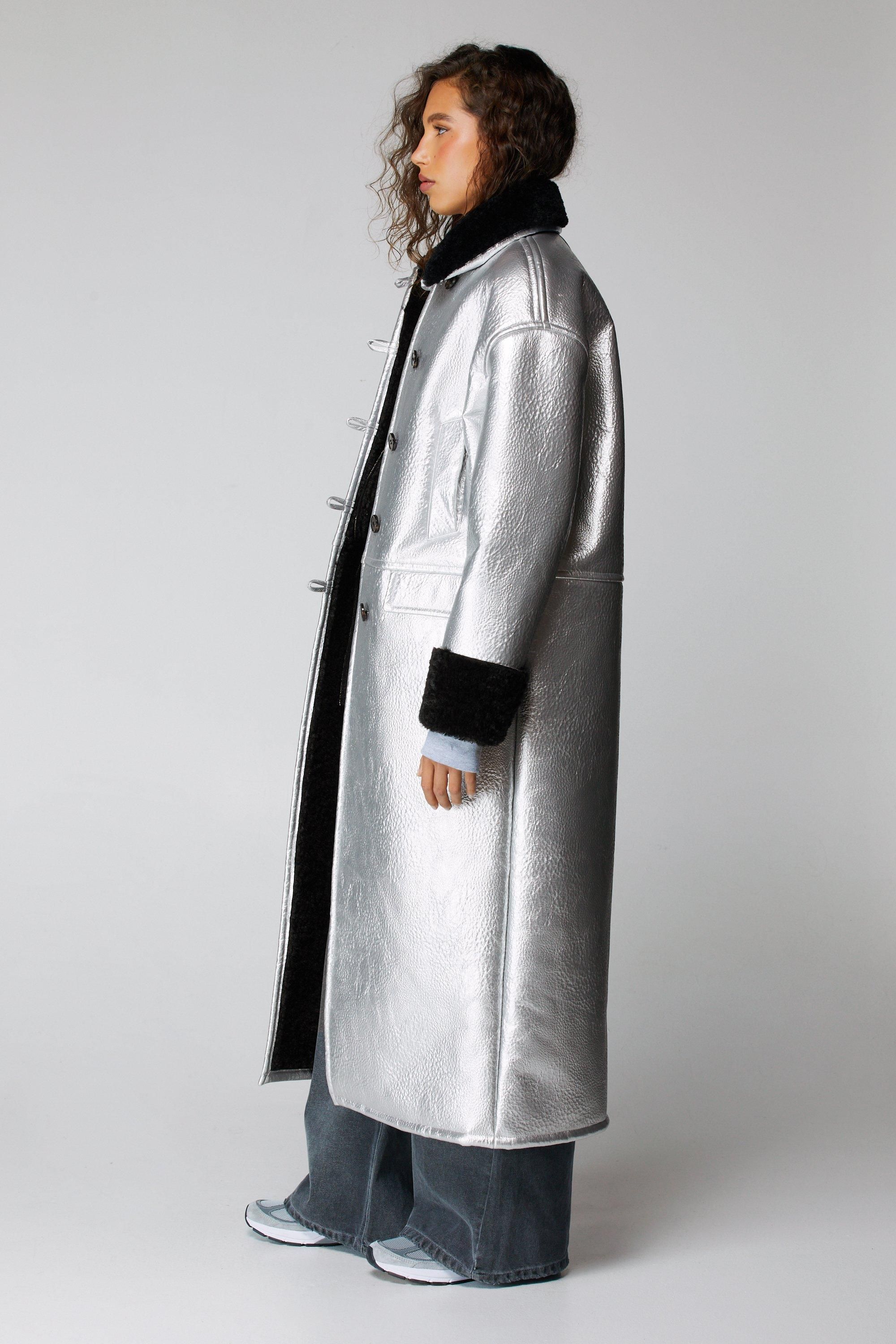 NastyGal Premium Faux Leather Metallic Bonded Maxi Aviator Jacket Silver image 3