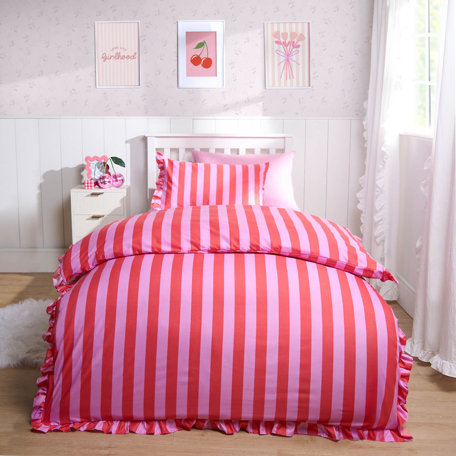 OHS Frill Duvet Cover Bedding Set Pillowcase Stripe Quilt Luxury