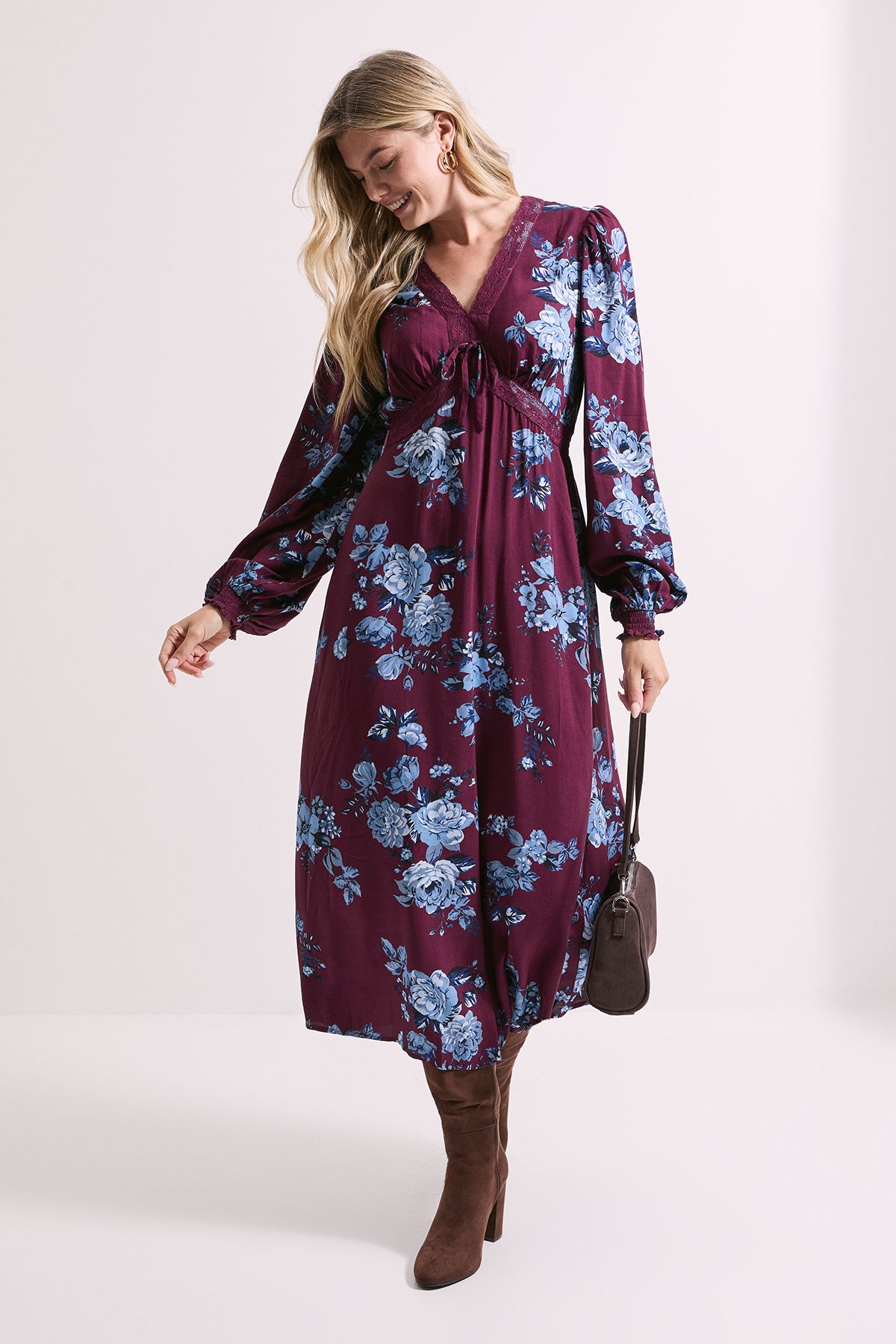 Dorothy Perkins Blue Floral Lace Trim Bow Detail Long Sleeve Midi Dress Blue image 1