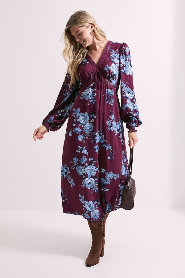 Dorothy Perkins Blue Floral Lace Trim Bow Detail Long Sleeve Midi Dress Blue