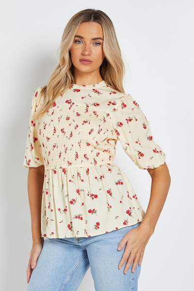 Dorothy Perkins Yellow Ditsy High Neck Shirred Bodice Top Yellow