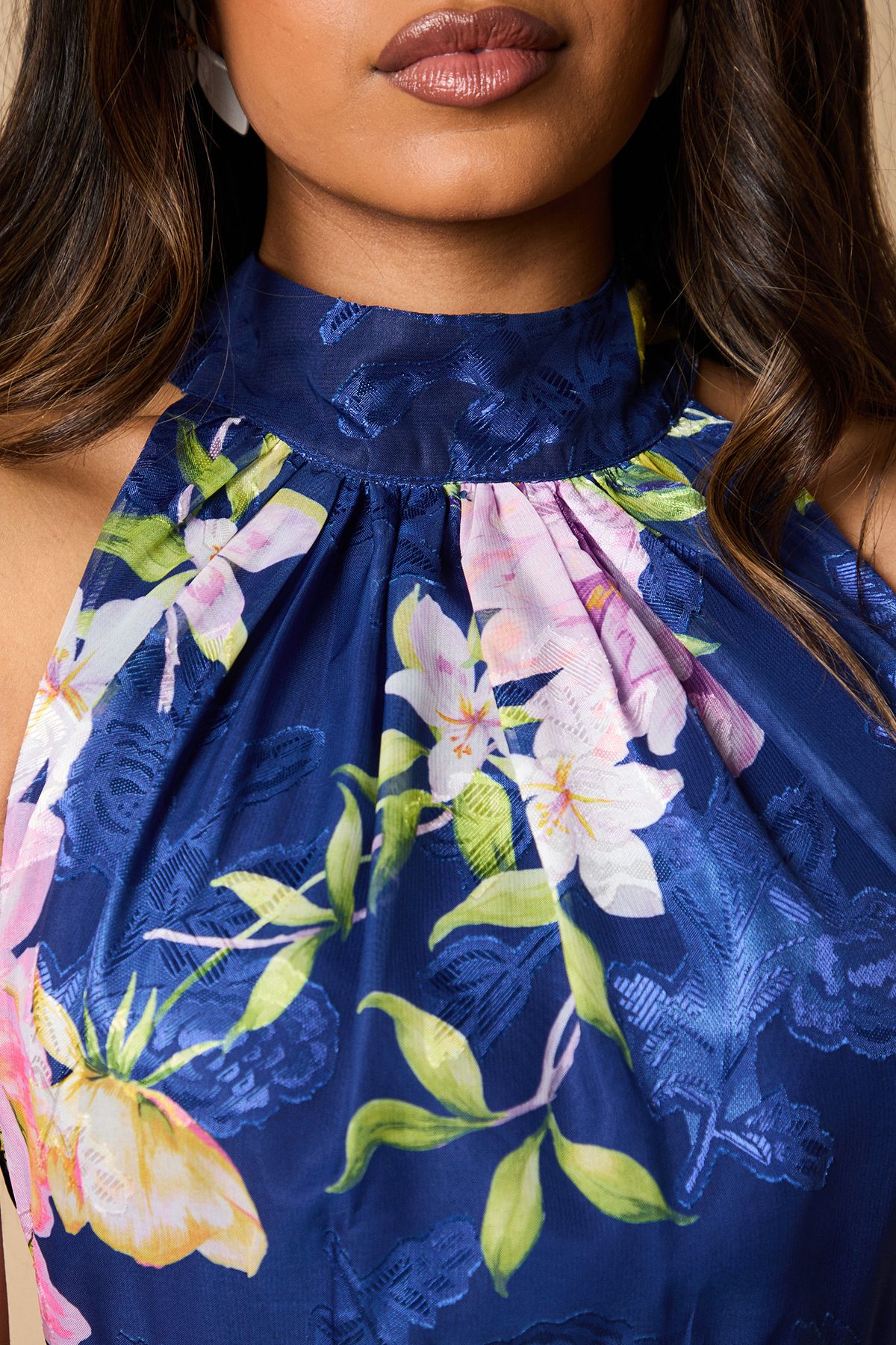 Oasis Petite Floral Satin Burnout Halterneck Midi Dress Multi image 5