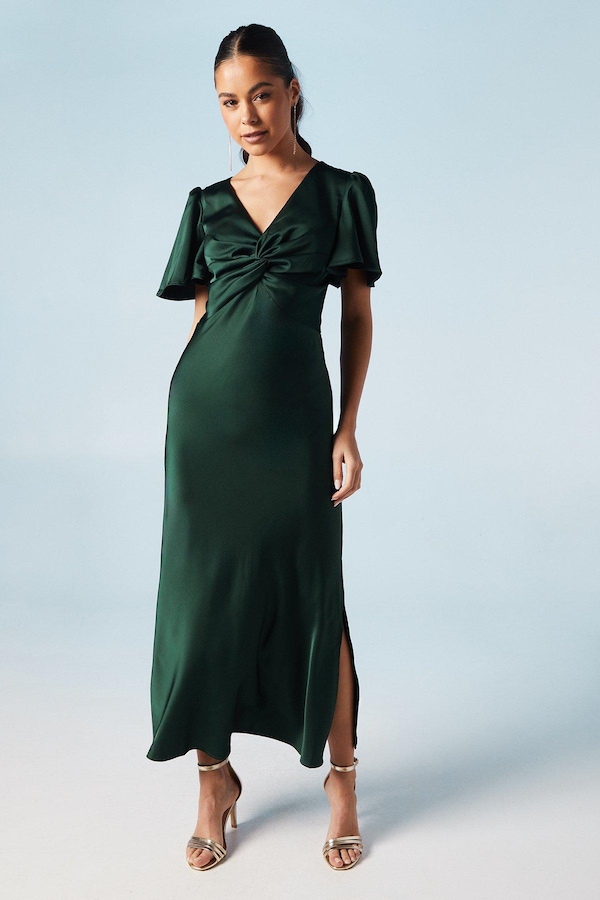 Oasis Satin Twist Front Angel Sleeve Midi Bridesmaids Dress Emerald