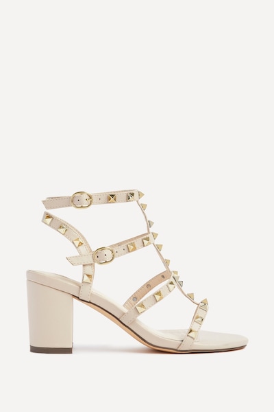 Linzi Tessa Beige Studded Block Heel Sandals