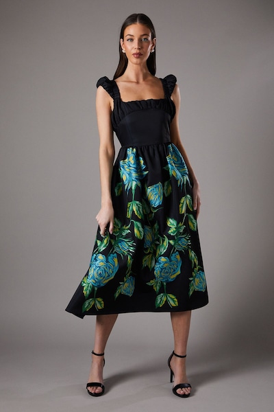 Coast Embroidered Floral Hem Dress With Puff Sleeve Black
