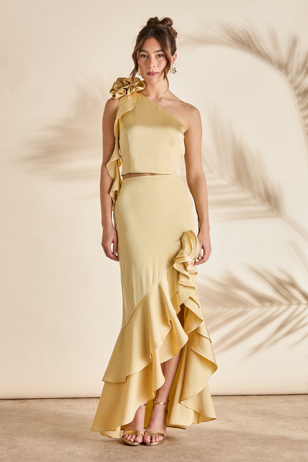 Coast Midi Satin Slip Skirt With Frills Yellow image 1