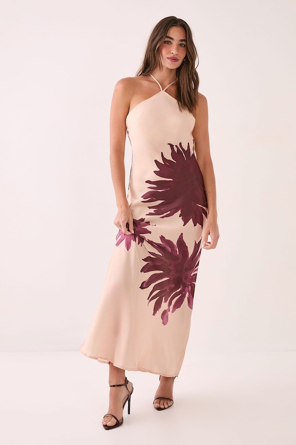 NastyGal Satin Floral Placement Halterneck Maxi Dress Nude