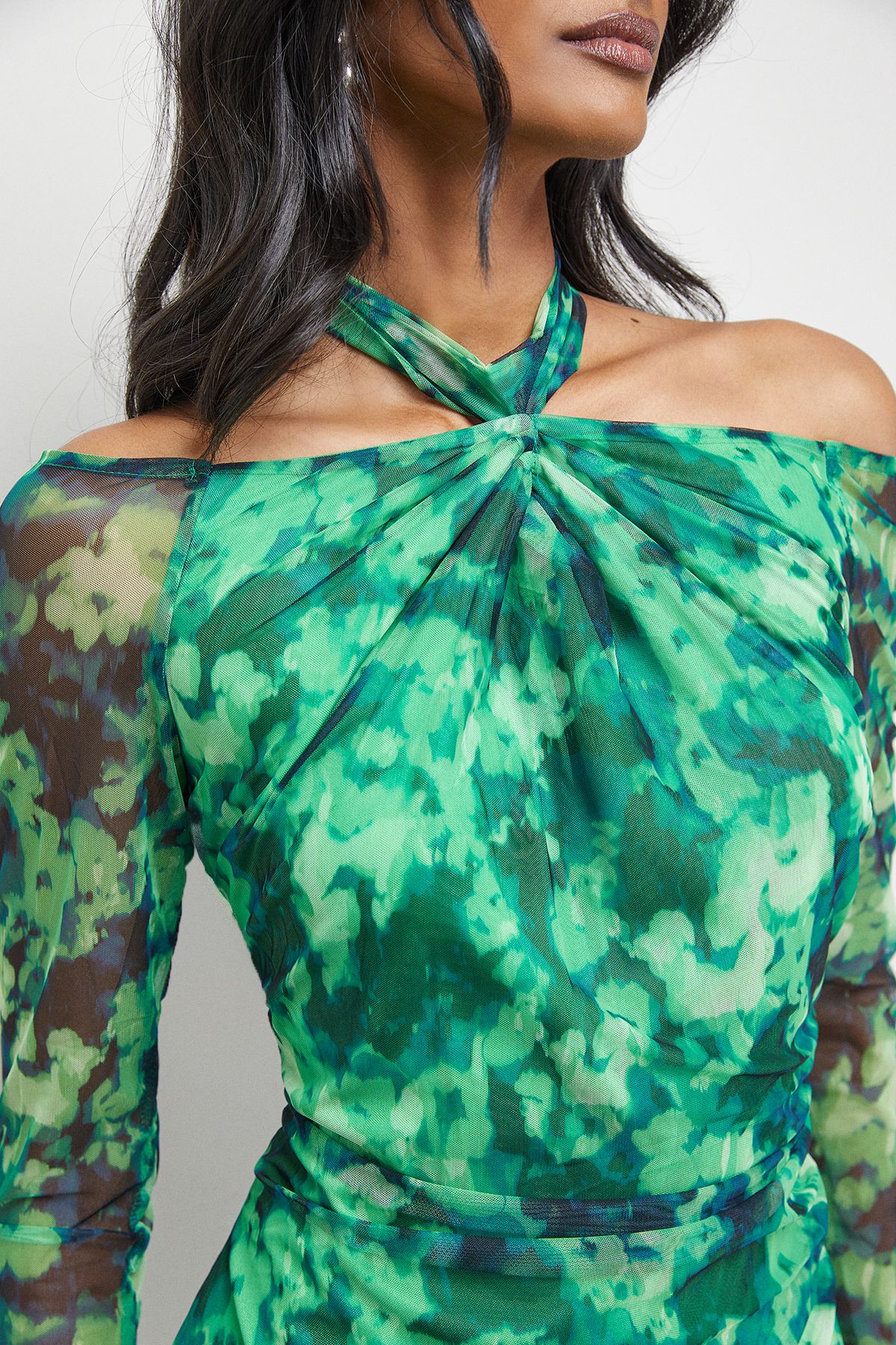 Warehouse Print Twist Mesh Midi Dress Green image 5