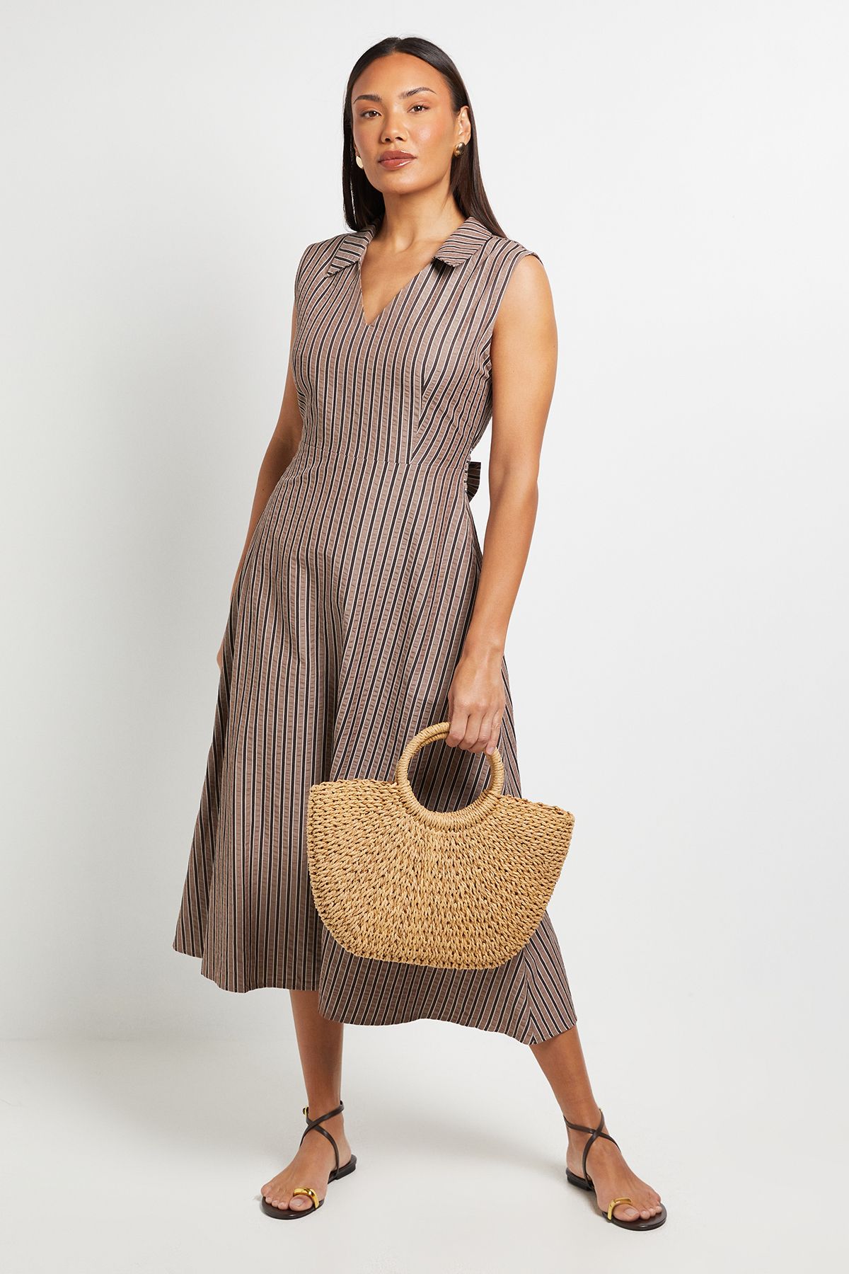 Principles Stripe Tie Waist Fit and Flare Dress Chocolate