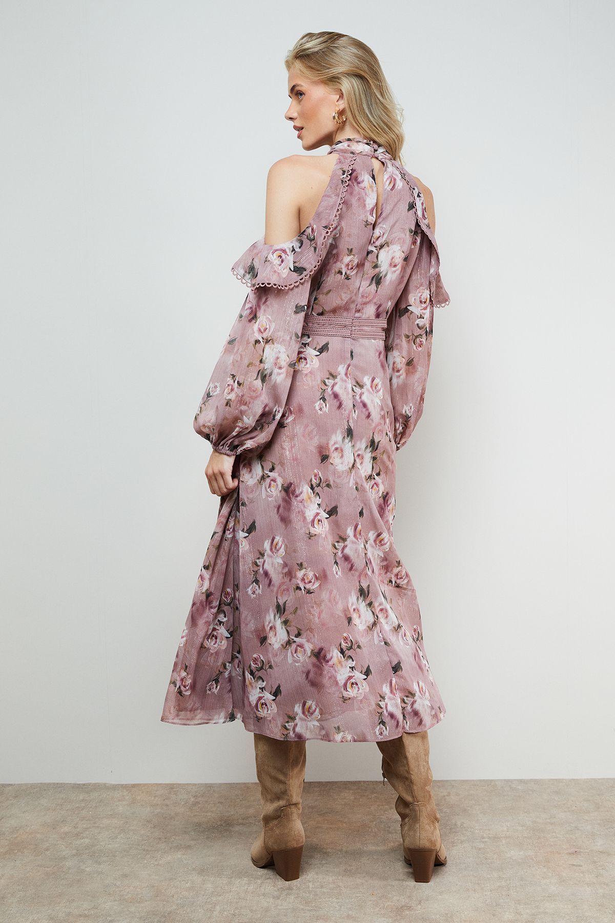 Oasis Cold Shoulder Ruffle Halterneck Midi Dress Floral image 4