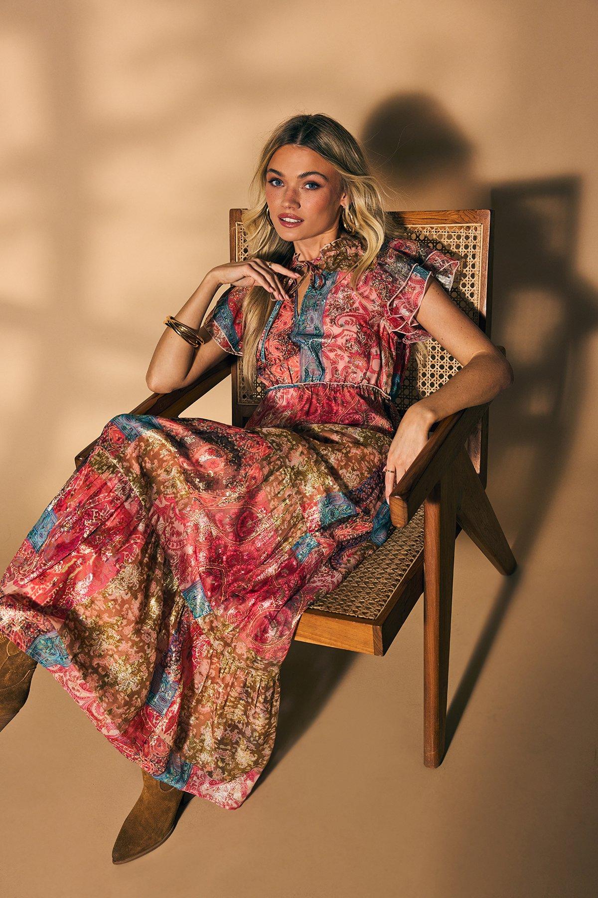 Oasis Patchwork Print Metallic Jacquard Tiered Midi Dress Multi