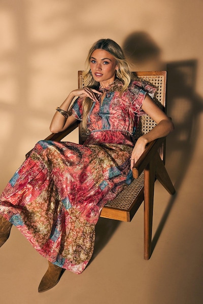 Oasis Patchwork Print Metallic Jacquard Tiered Midi Dress Multi