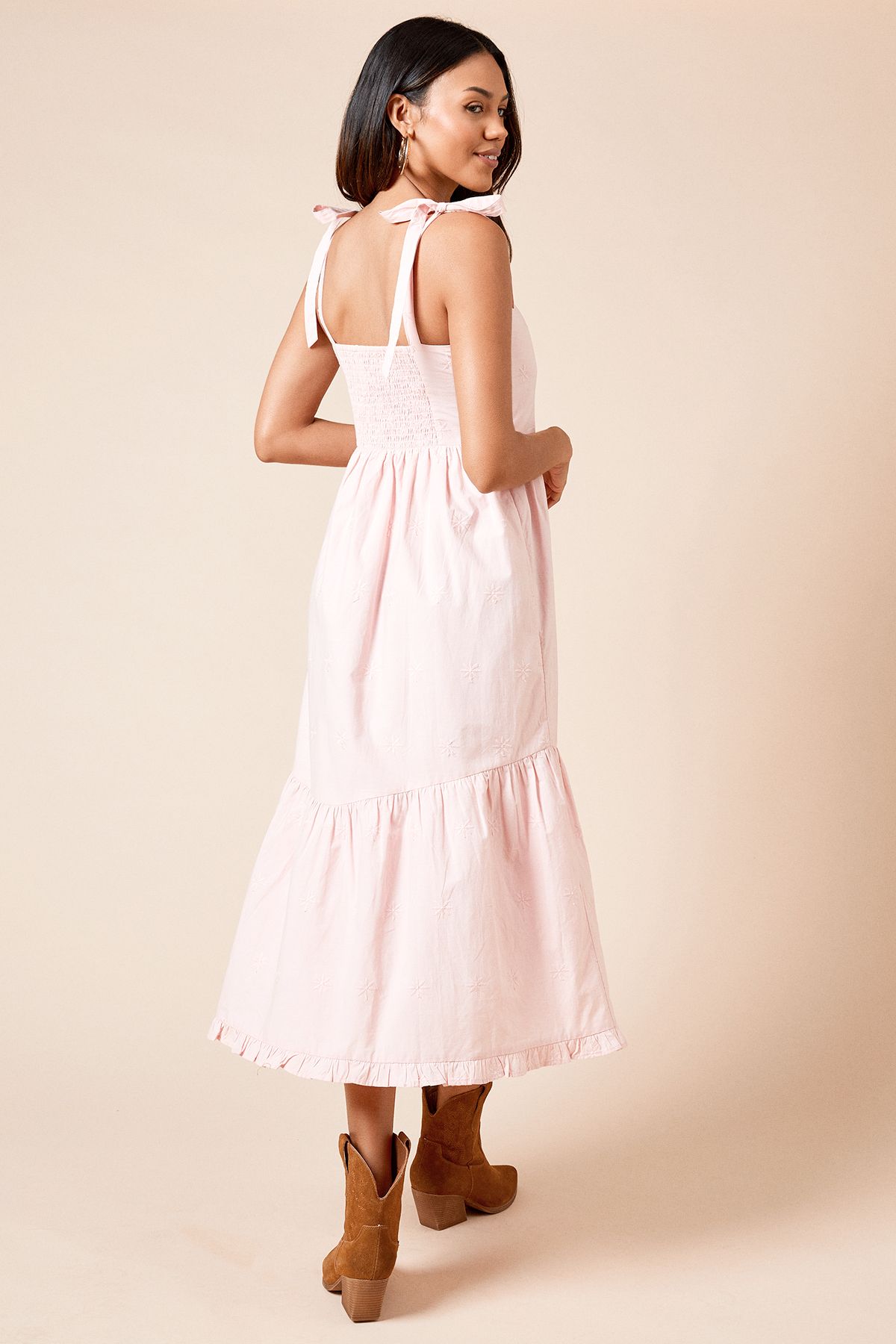 Dorothy Perkins Embroidered Dropped Waist Strappy Poplin Midi Dress Blush image 3