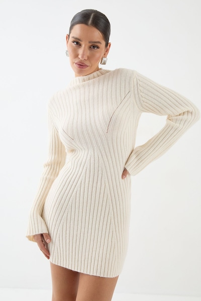 MissPap Knitted Ribbed Flute Long Sleeve Mini Dress Ecru