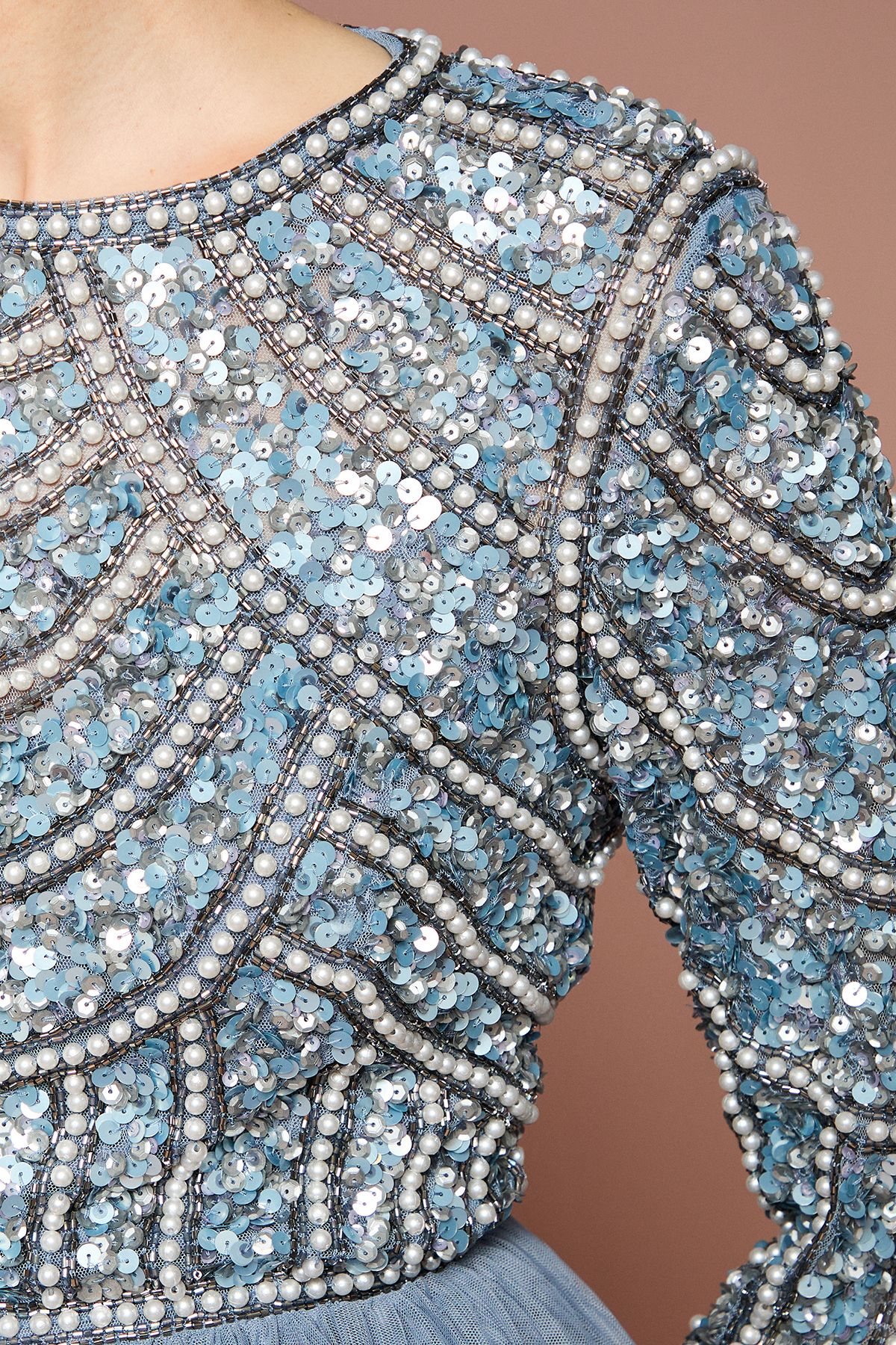 Coast Coast Honoured Long Sleeve Sequin Bodice Tulle Skirt Maxi Bridesmaid Dress Dusty Blue image 5