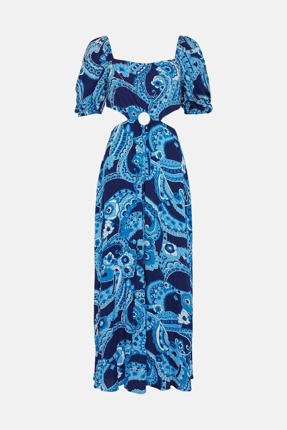 Oasis Embellished Paisley Floral Cut Out Midi Dress Blue image 4