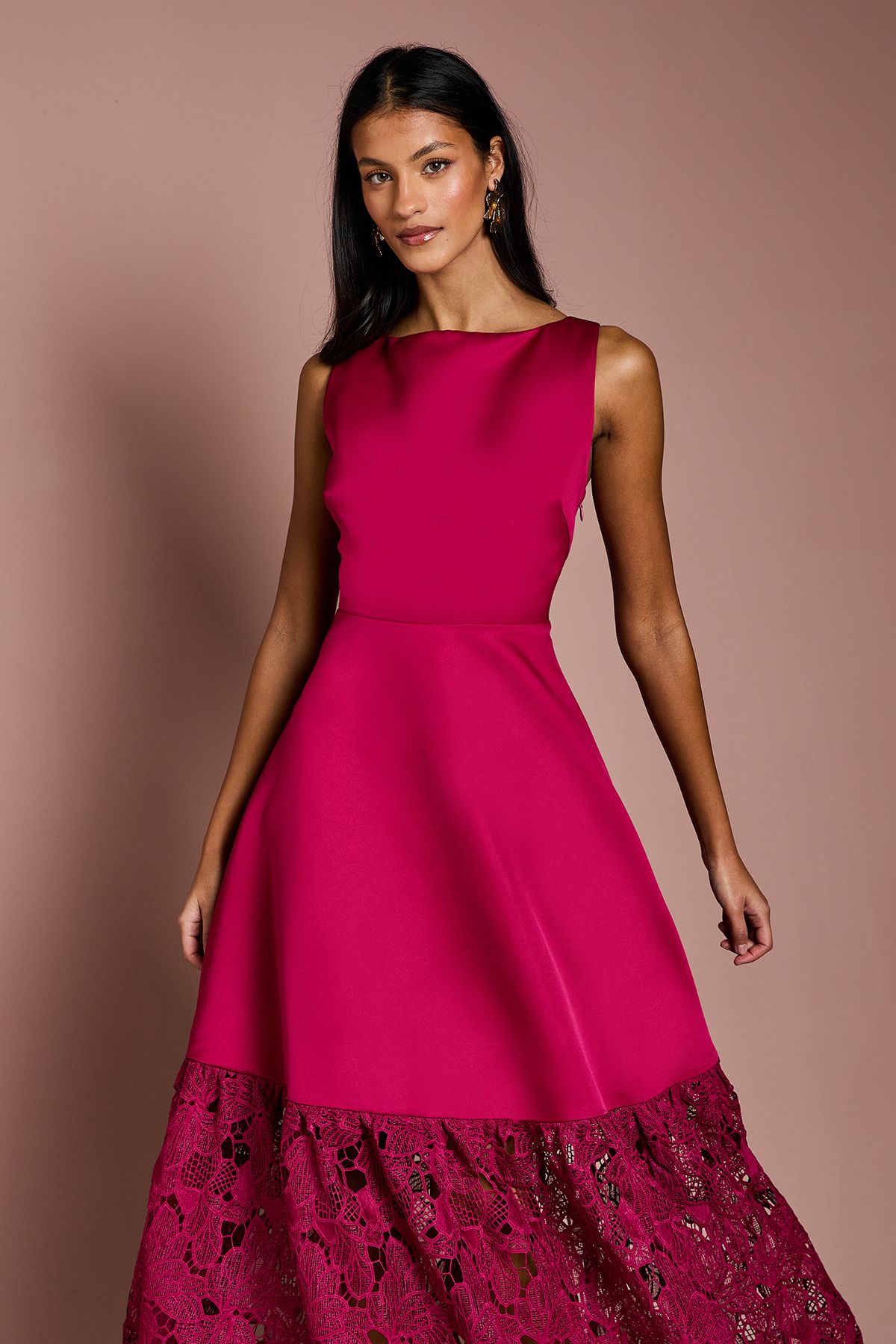 Coast Petite Lace Hem Structured Satin Maxi Dress Magenta image 2