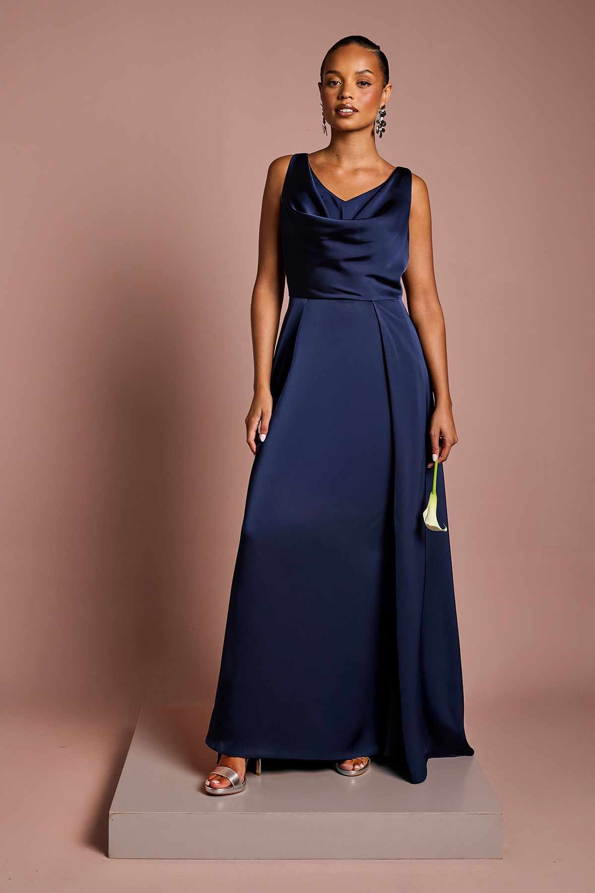 Coast Coast Honoured Petite Sleeveless Cowl Neck Satin Maxi Bridesmaid Dress Navy image 1
