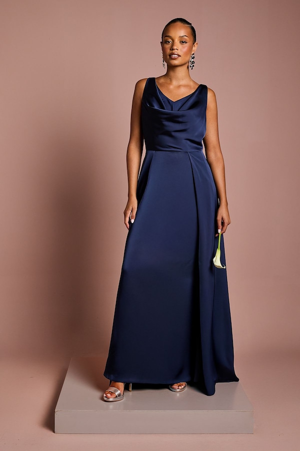 Coast Coast Honoured Petite Sleeveless Cowl Neck Satin Maxi Bridesmaid Dress Navy
