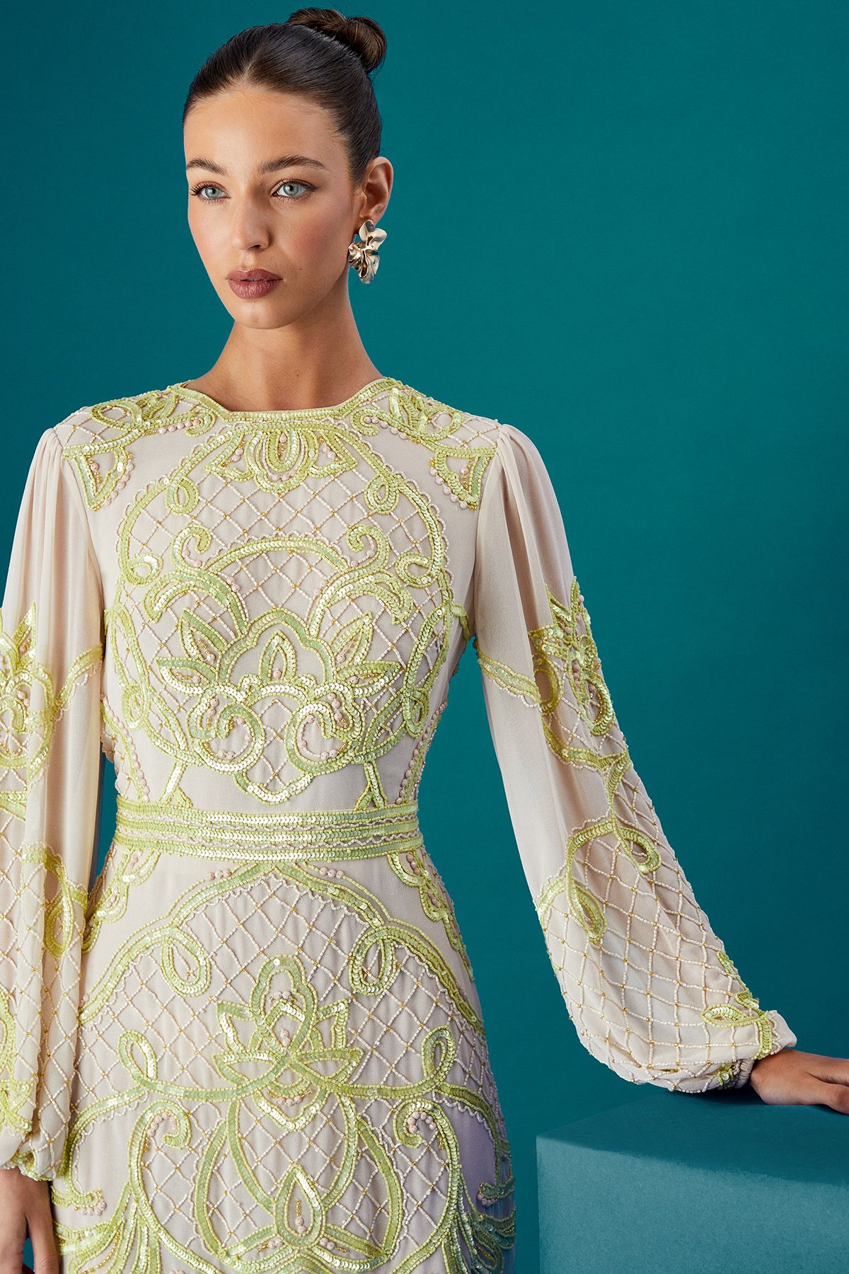 Coast Coast Muse Chiffon Embellished Mini Dress With Blouson Sleeves Natural image 4