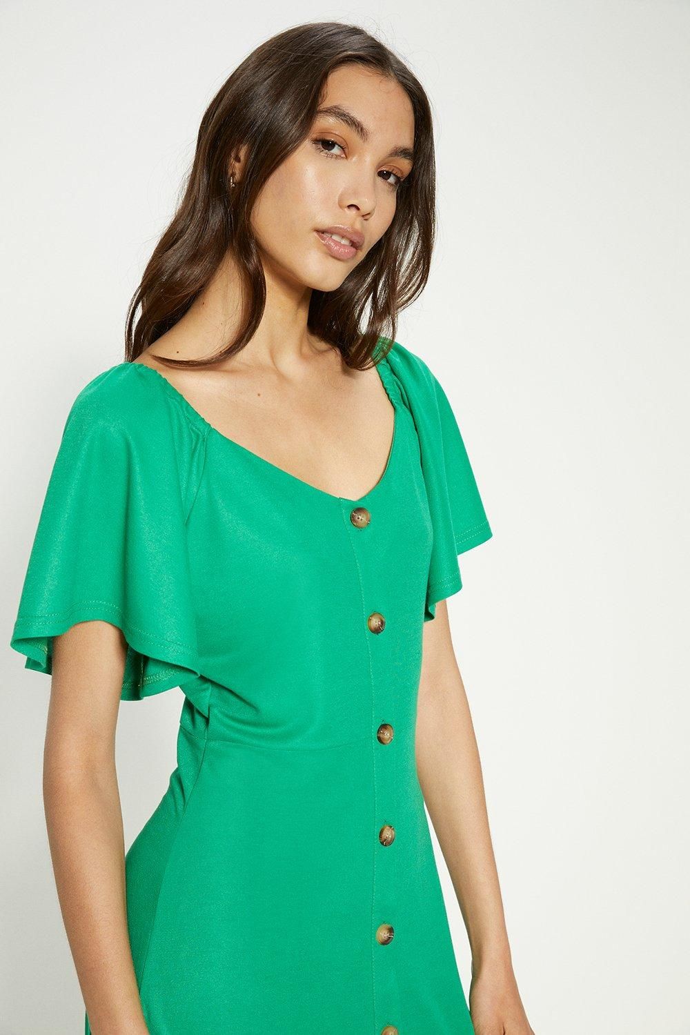 Oasis Button Through Pique Angel Sleeve Midi Dress Green image 2