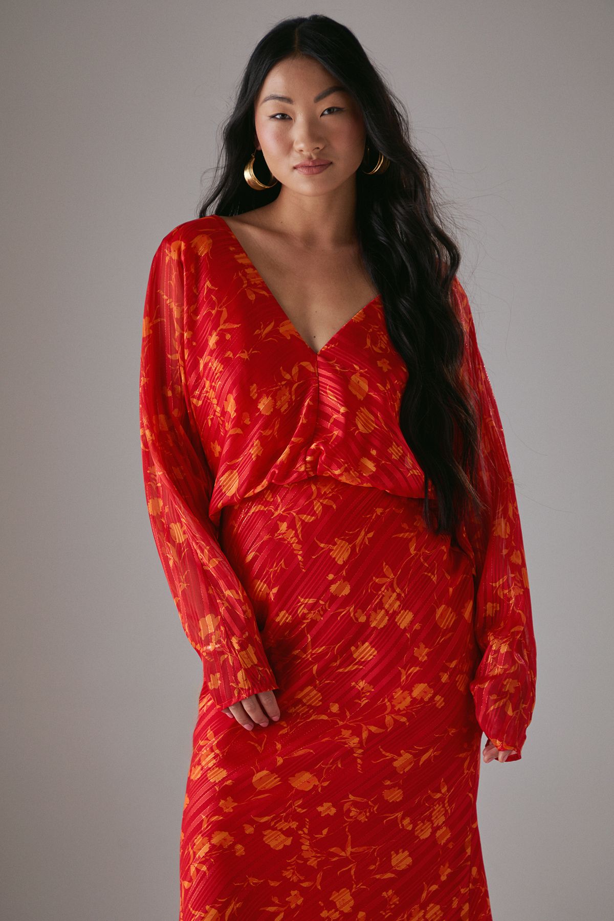 Warehouse Petite Shadow Stripe Batwing Plunge Neck Midi Dress Red image 4