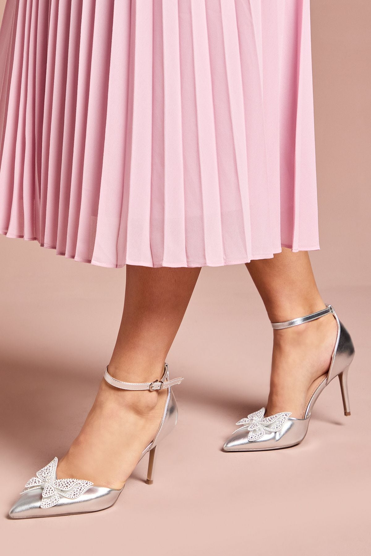 Coast Poppy Satin Diamante Butterfly Trim Pointed High Stiletto Heel Court Shoes Silver