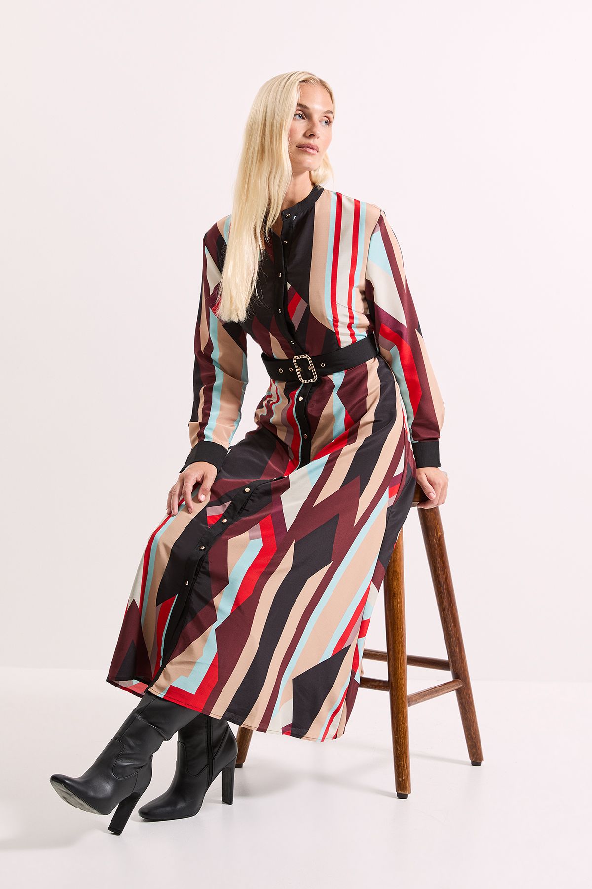 Principles Contrast Collar Printed Belted Midi Dress Brown image 1