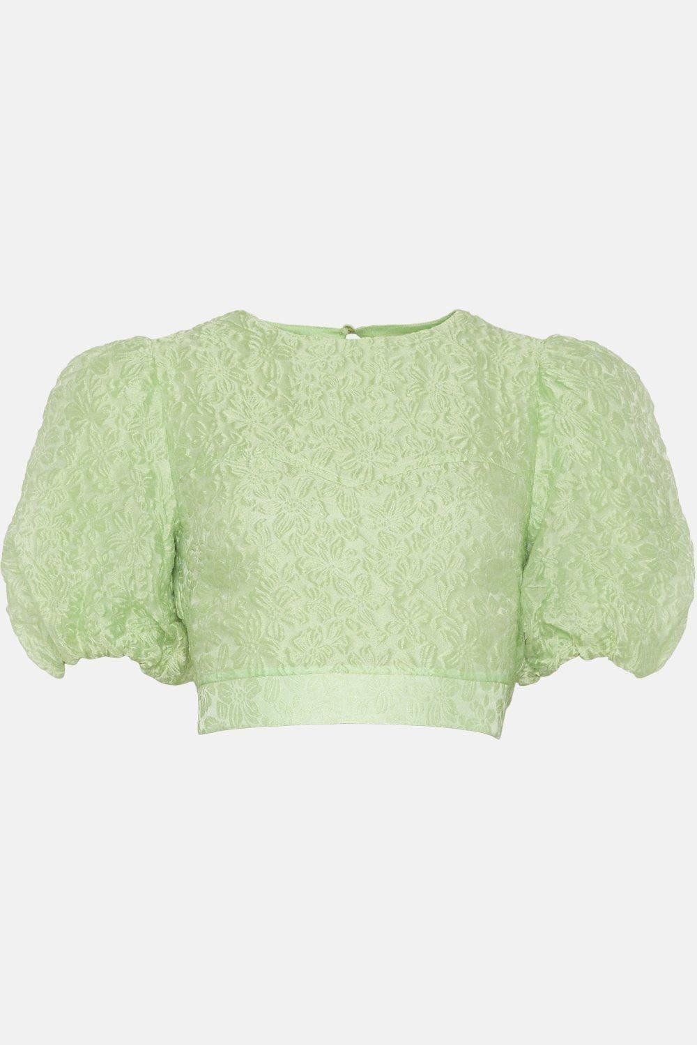 Oasis Jacquard Puff Sleeve Bow Back Top Green image 4