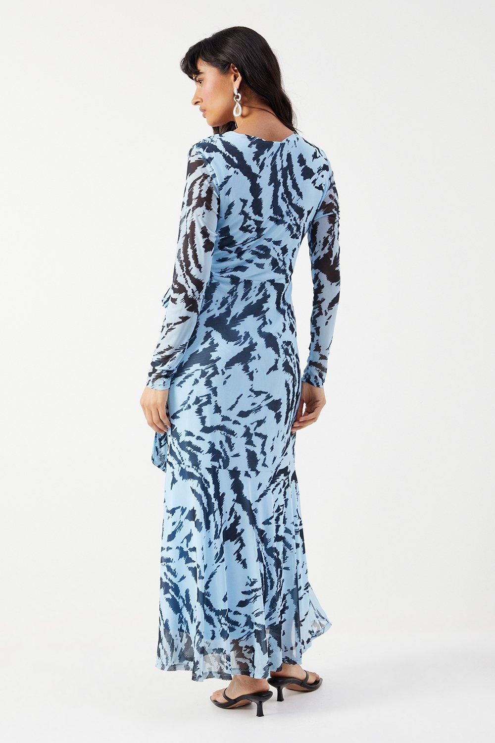 Warehouse Zebra Mesh Asymmetric Seam Wrap Midi Dress Blue image 3