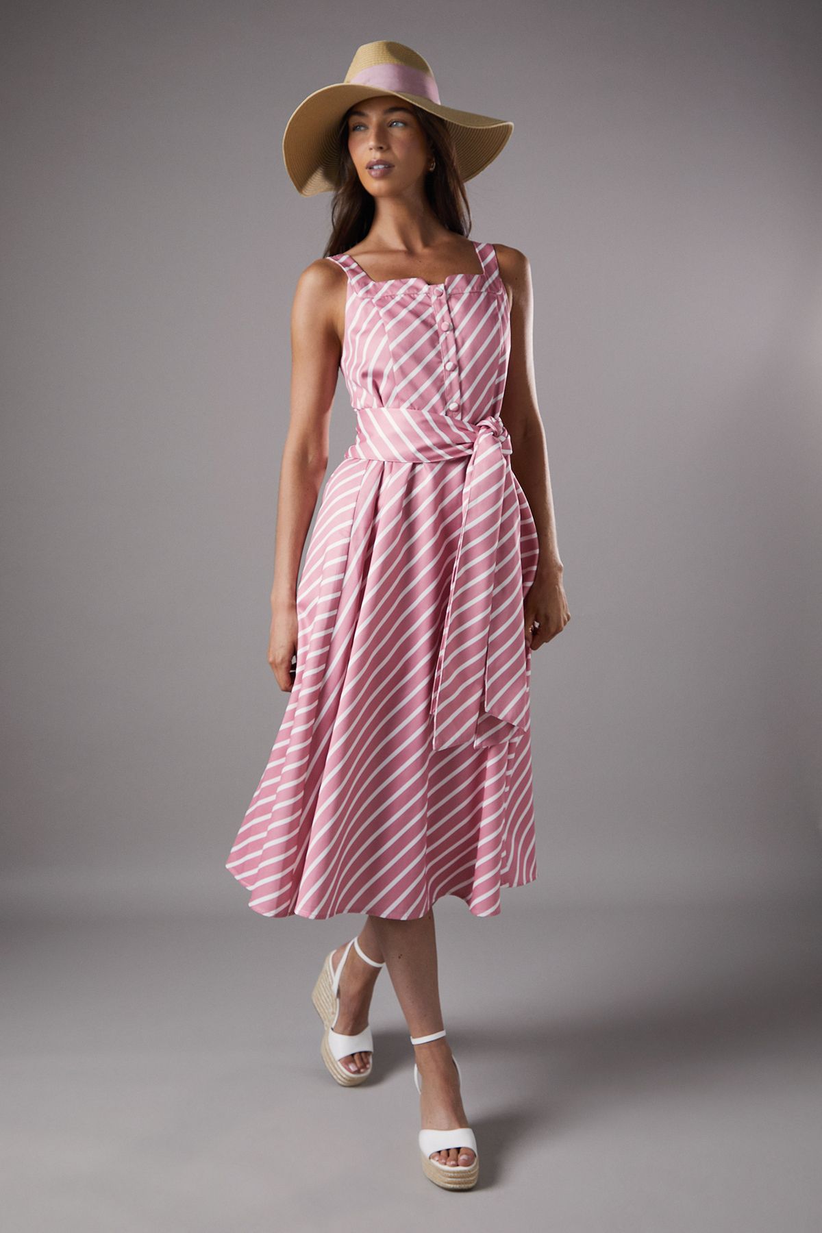 Coast Lisa Tan Diagonal Stripe Belted Midi Dress Pink image 1