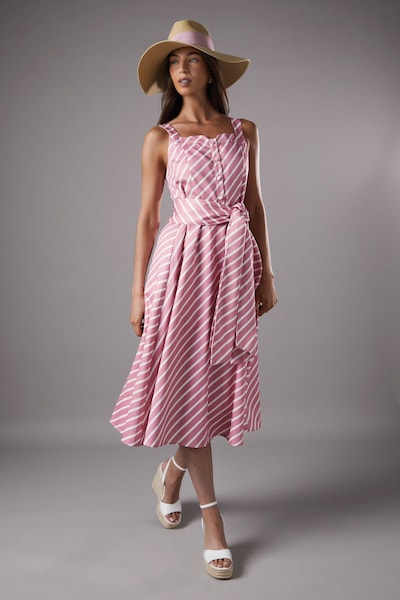 Coast Lisa Tan Diagonal Stripe Belted Midi Dress Pink