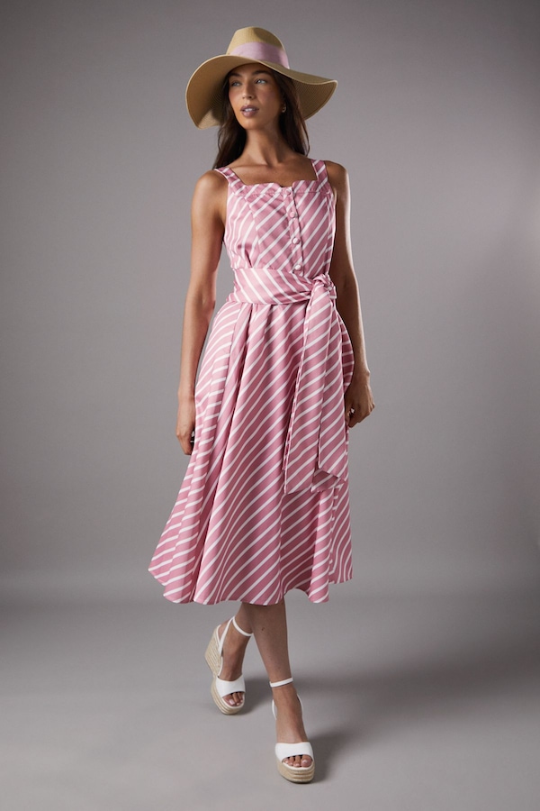 Coast Lisa Tan Diagonal Stripe Belted Midi Dress Pink