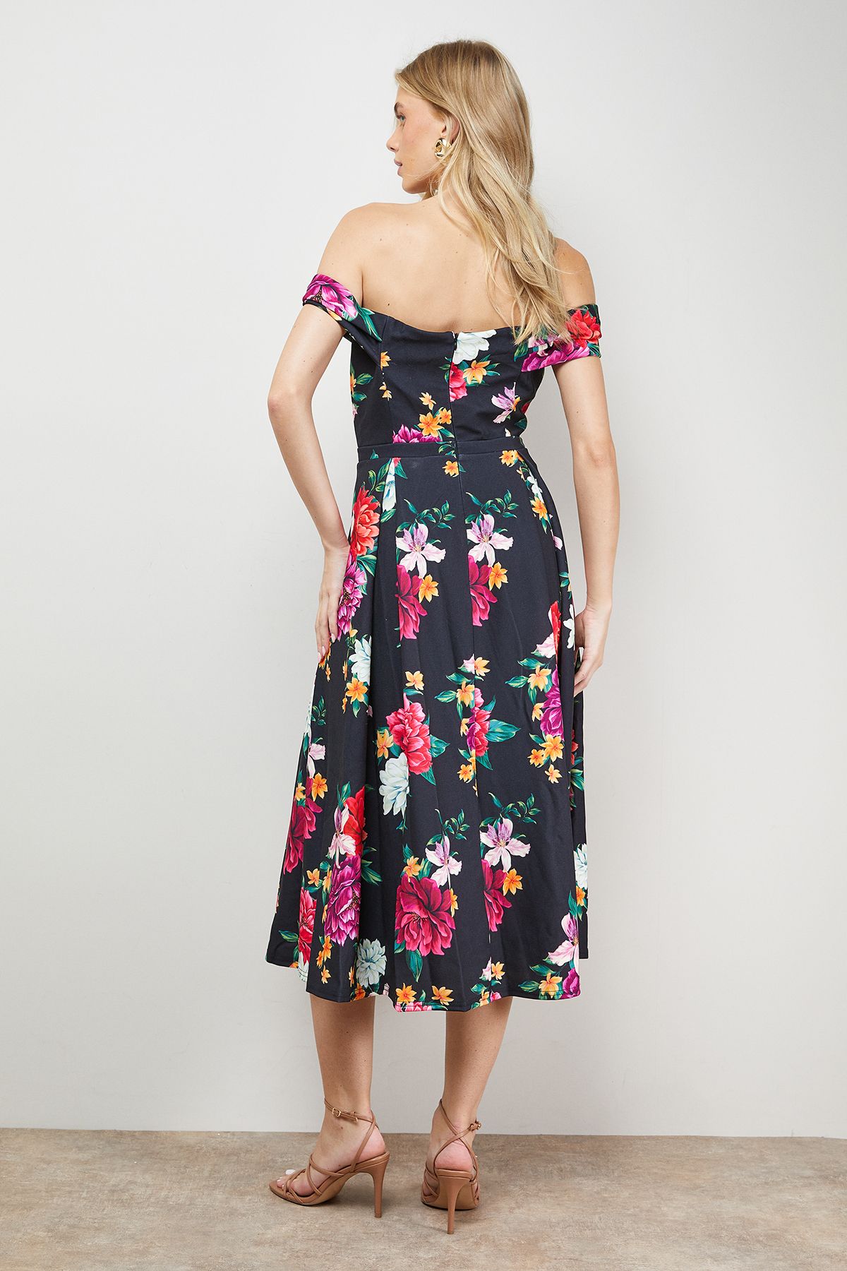 Oasis Printed Bow Front Bardot Midi Dress Floral image 3