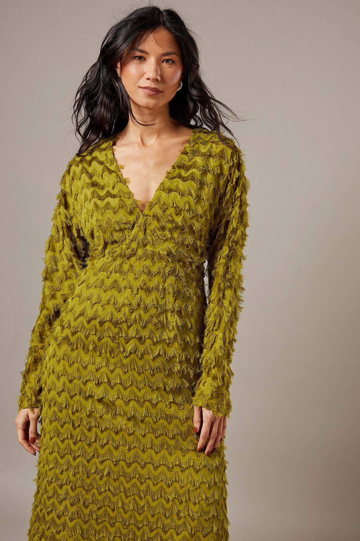 Warehouse Fluffy Plunge Neck Batwing Midi Dress Chartreuse image 2